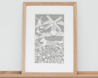 Fox on the Downs Light and Dark Grey Print Letterpress Blockprint Art