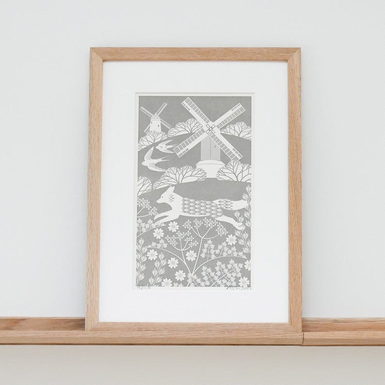 Fox on the Downs Light and Dark Grey Print Letterpress Blockprint Art image 1