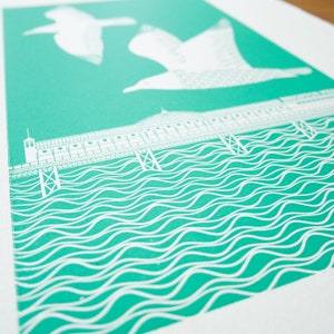 Turquoise Seagulls Flying over Brighton Pier Letterpress Block Print Just Print