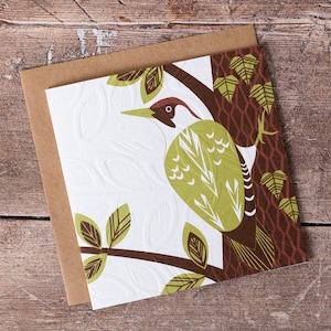 Green Woodpecker Greeting Card Hand Embossed Single Birthday Thank You Card