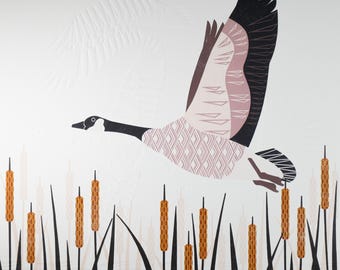 Fliegen Kanadagans Linoldruck Vogel Kunst