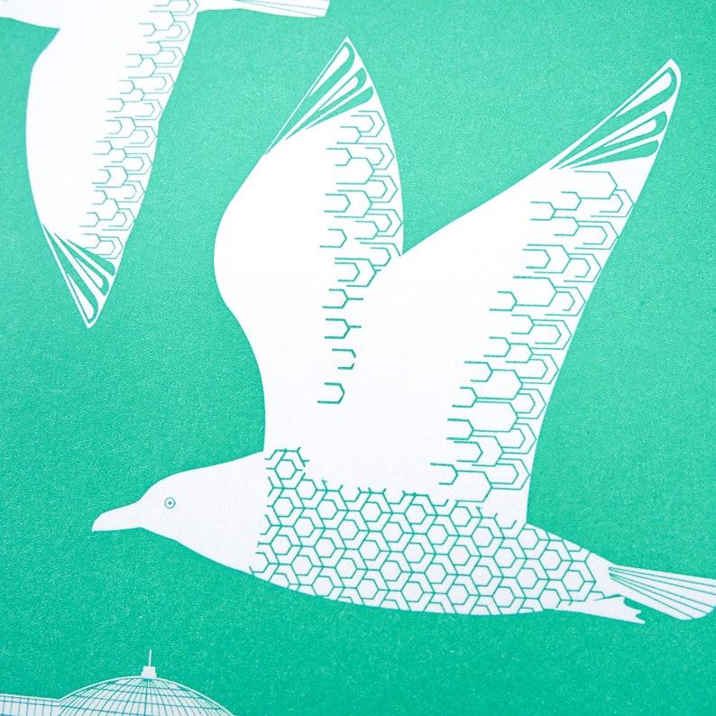 Turquoise Seagulls Flying over Brighton Pier Letterpress Block Print image 9