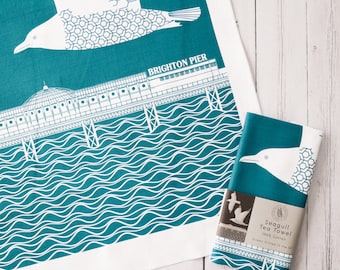 Teal Tea Towel Screen Printed Seagull Design Wall Art Hanger
