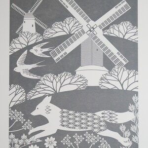 Fox on the Downs Light and Dark Grey Print Letterpress Blockprint Art image 7