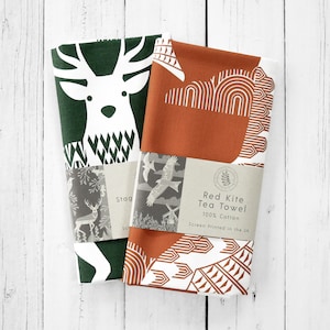 2 x Tea Towels Screen Printed Wall Art Hanger Stag and Red Kite