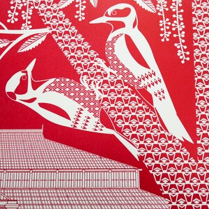 Woodpeckers at Kew Gardens Print Red Letterpress Block Art image 4