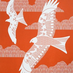 Burnt Orange Red Kite Print Letterpress Art Blockprint