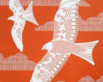 Burnt Orange Red Kite Print Letterpress Art Blockprint