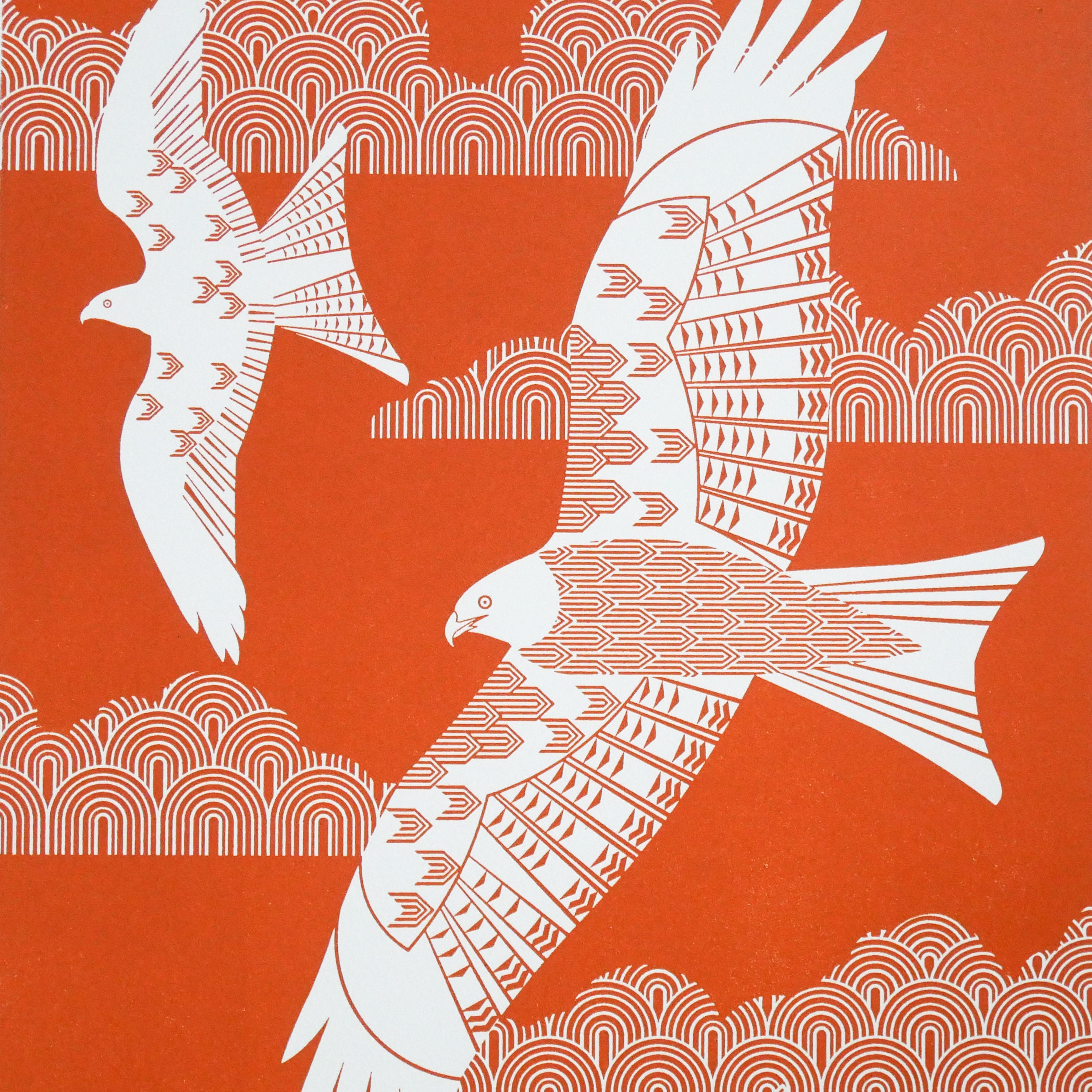 Burnt Orange Red Kite Print Letterpress Art Blockprint