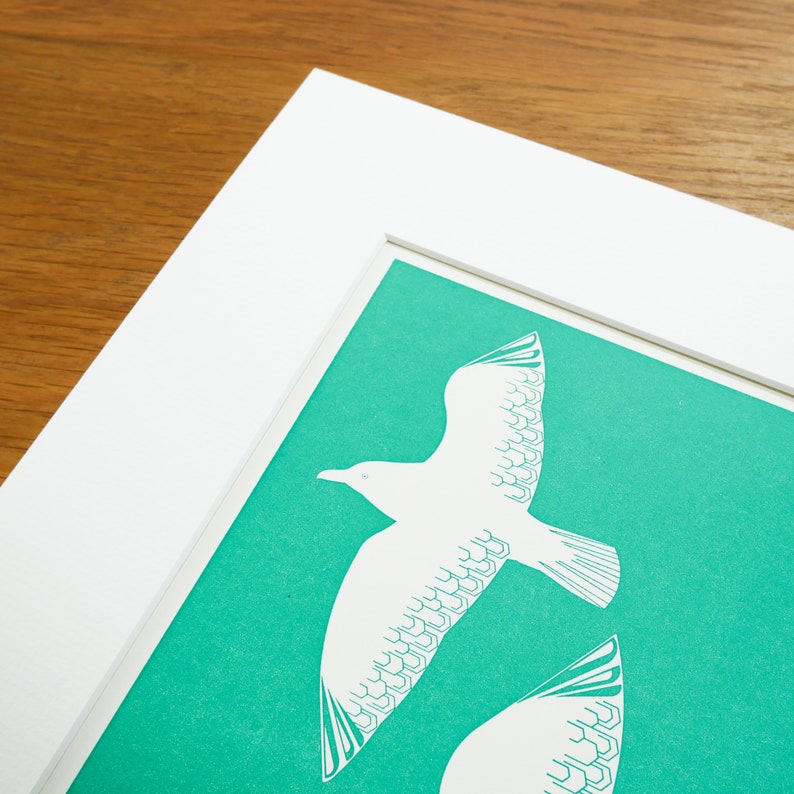 Turquoise Seagulls Flying over Brighton Pier Letterpress Block Print Add Mount