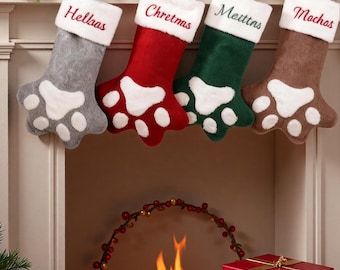 Personalized Paw Print Christmas Stocking,Pet Stockings,Embroidered Family Christmas Stockings,Custom Dog Stockings with Name,Stockings Gift