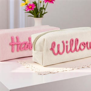 Personalized Corduroy Pencil Case, Custom Name Corduroy Pouch, Back to School Gift, Monogram Pencil Bag with Yarn Name, Gift for Kids