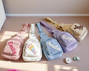 Custom Name Toddler Purse: Soft Corduroy Mini Sling Bag, Belt Bag for Boys & Girls, Personalized Kids Christmas Gift Fanny Pack, Crossbody