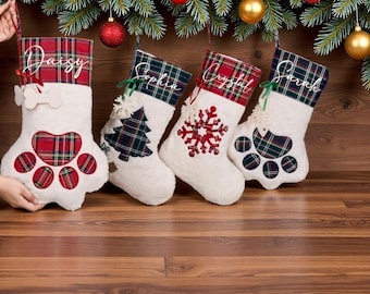 Personalized Paw Christmas Stocking, Pet Stockings, Embroidered Family Christmas Stockings, Custom Dog Stockings with Name, Stockings Gifts