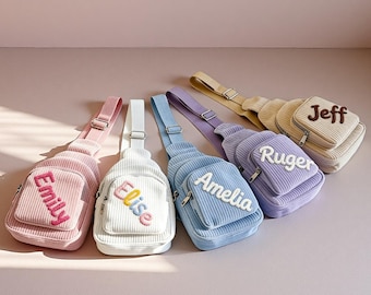 Custom Name Toddler Purse: Soft Corduroy Mini Sling Bag, Belt Bag for Boys & Girls, Personalized Kids Christmas Gift Fanny Pack, Crossbody