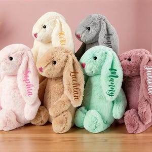 Könnte beinhalten: Eine Sammlung von Plüschhasen in verschiedenen Pastellfarben, darunter Rosa, Beige, Grau und Mintgrün. Jeder Hase hat einen Namen auf einem Ohr gestickt. Die Hasen sind weich und flauschig, mit rosa Nasen.