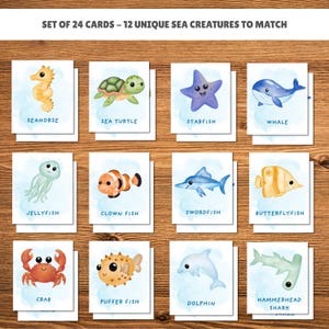 Könnte beinhalten: Set mit 24 Karten, die 12 einzigartige Meeresbewohner zeigen, die jeweils in Aquarell-Stil illustriert sind. Die Karten sind in einem Raster auf einer Holzoberfläche angeordnet. Jede Karte trägt den Namen des Meeresbewohners unter der Illustration.