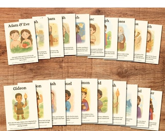 May include: Set of 20 Old Testament character cards. Each card features a colorful illustration of a biblical figure, with their name and a brief description. The cards are arranged on a wooden surface.