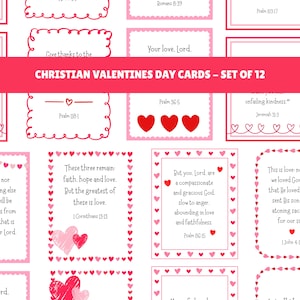 May include: Set of 12 Christian Valentine's Day cards. Each card features a pink and white design with Bible verses and heart illustrations. The cards have decorative borders and include phrases like "Give thanks to the Lord."