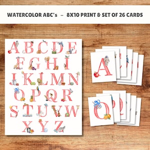 ABC em aquarela (impressão de 8 x 10 pol. e conjunto de 26 cartões) - para impressão