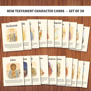 May include: A set of 20 New Testament character cards. Each card has a character's name, an illustration, and a short description. The cards are beige with colourful illustrations and text.