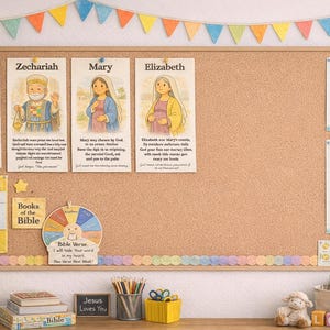 May include: A corkboard with Bible-themed illustrations and text, including "Joseph," "Zechariah," "Mary," and "Elizabeth." Additional elements include "The Ten Commandments," "The Fruits of the Spirit," and a Bible verse. A colorful banner hangs above.