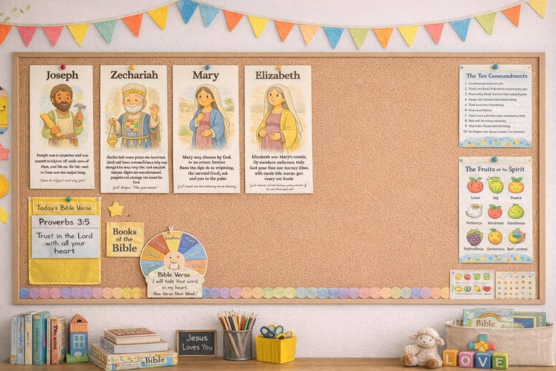 May include: A corkboard with Bible-themed illustrations and text, including "Joseph," "Zechariah," "Mary," and "Elizabeth." Additional elements include "The Ten Commandments," "The Fruits of the Spirit," and a Bible verse. A colorful banner hangs above.