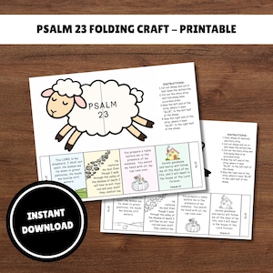 May include: A printable Psalm 23 folding craft featuring a cartoon sheep illustration and text segments from the Bible verse. The paper includes numbered instructions for cutting, folding, and gluing the accordion-style story strip to the sheep body.