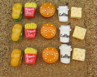 15 Food Push Pins with Hoagies, French Fries, Hamburger, Coffee and Cheese Thumb Tacks