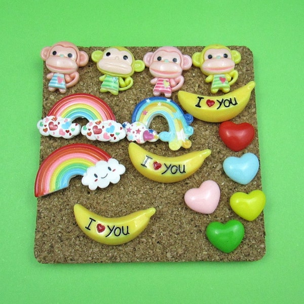 15 Monkeys, Heart, Rainbows & Bananas Push Pin Jungle Classroom Bulletin Board Ideas Kids School Office Supplies Cute Kawaii Decorative Pins