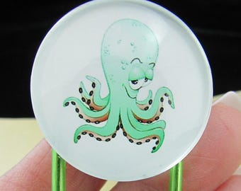 Sneaky Octopus 4 inch Green Paper Clip Bookmark, Beach Ocean Art Junk Journal Decor