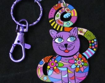 Purple Curly Tail Cat with flowers on Purple Lobster Clasp Keychain, Unique Backpack Bag Charm