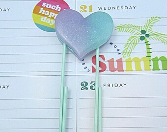 Large Purple & Green Heart on 4 inch Pastel Green Paper Clip Bookmark