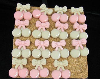 15 Pink and Brown Cherry Push Pins, Fun Bulletin Board Whimsical Cottage Core Decor