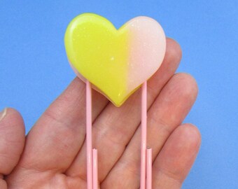 Large Yellow & Pink Heart on 4 inch Pastel Pink Paper Clip Bookmark