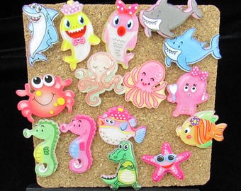 15 Cute Sharks & Friends Push Pin, Ocean Fish Bulletin Board Decor for Beach Lovers