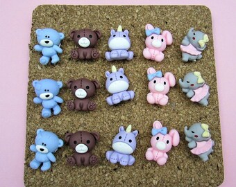 15 Stuffed Toy Resin Push Pins Unicorn, Ballerina Elephant, Bunny & Bear; Kawaii Girls decor, Mix and Match Push Pins to Customize your Set