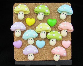 Mushroom and Hearts Push Pin Set of 15, Cottagecore Bulletin Board Decor