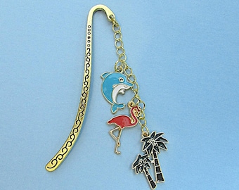 Dolphin, Flamingo and Palm Tree Gold Hook Bookmark – Beach Vacation Reader Accessory