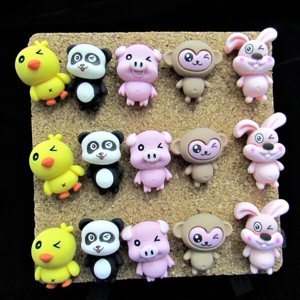 15 Kawaii Animal Push Pins, Chick Panda Monkey Pig and Rabbit Thumb Tacks, Mix & Match Push Pins to Customize your Set, Bulletin Board Ideas