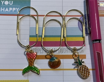 Set of 3 Tropical Charm bookmarks with No Slip Charms: Pineapple, Mermaid Tail and Shell, Featuring a Soft Grip Paperclip