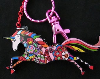 Pink Unicorn on Pink Lobster Clasp Keychain, Unique Colorful Backpack Bag Charm