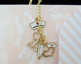 Bookmark for Nurses, Bronze Metal Hook Bookmark with White Enamel Charms, Nurse Appreciation Gift