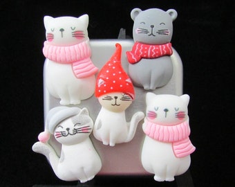 5 Winter Cat Magnets for White Boards, Lockers and Fridge, Cat Lover Secret Santa Gift for Office Coworker