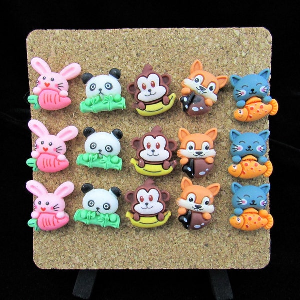 15 Fun Animal Push Pins 3 each: Cat, Squirrel, Monkey, Panda, Rabbit; Mix & Match Push Pins to Customize your Set, Fun Bulletin Board Decor