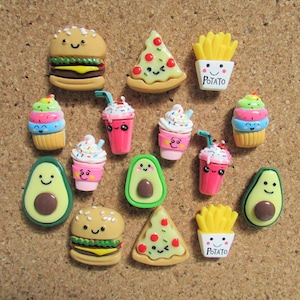 15 Hamburger & Friends Smiling Face Food Push Pins with Kawaii Pizza French Fries Happy Drink Mix and Match Push Pins to Customize your Set