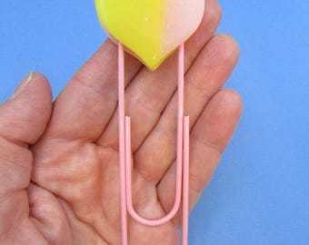 Large Yellow & Pink Heart on 4 inch Pastel Pink Paper Clip Bookmark