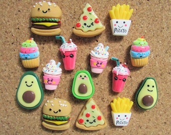 15 Hamburger & Friends Smiling Face Food Push Pins with Kawaii Pizza French Fries Happy Drink Mix and Match Push Pins to Customize your Set