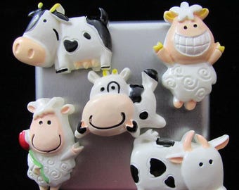 Happy Cows and Sheep Fridge Magnets set of 5, White elephant Galentine Valentine Teacher Gift for Locker, White Board and Refrigerator Decor
