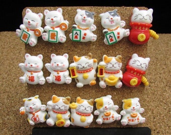 15 Lucky Cat Maneki Neko Push Pin Set for Unique White Elephant Christmas Gift for Office Coworker Gift Exchange, Cat Lover Cubicle Decor